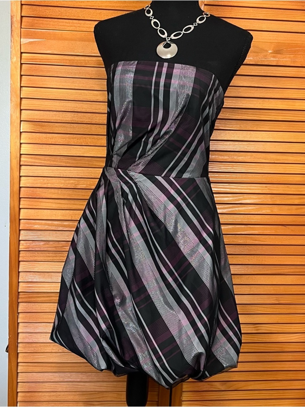 Ariella Strapless Black and Pink Plaid Bubble-Hem Dress